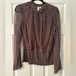 Joie Brown Metallic Blouse a Ruffled Neck Smocked Lined Sheer Sleeves Size Large